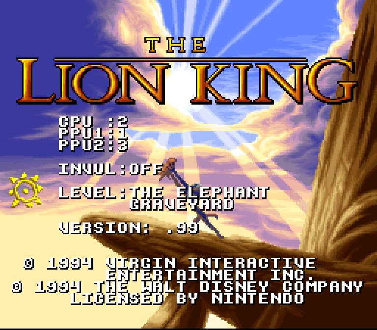 The hidden debug menu over the title screen: CPU and PPU versions, INVUL OFF, LEVEL THE ELEPHANT GRAVEYARD, VERSION .99