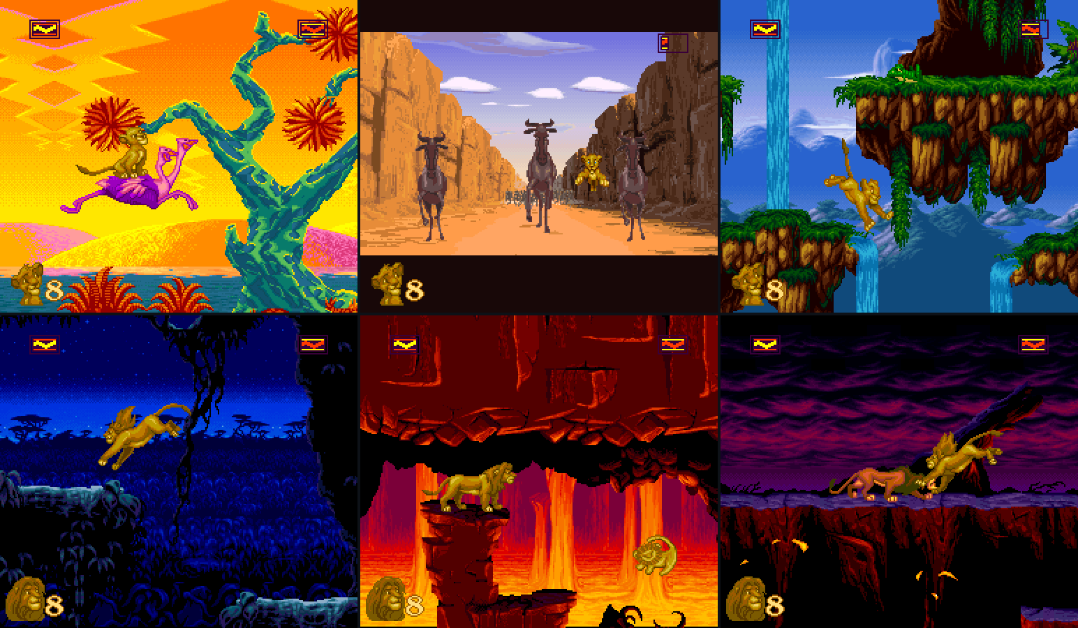 Six scenes from the game: the ostrich ride, the stampede, Hakuna Matata, Simba's Destiny, Be Prepared and the fight with Scar