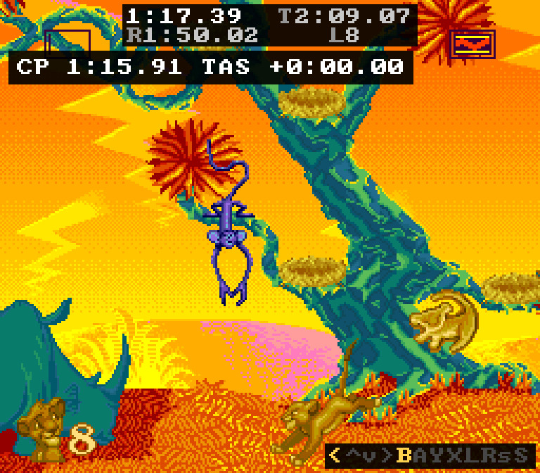 Practice mode: a level timer, TAS split and input display over Can't Wait to Be King