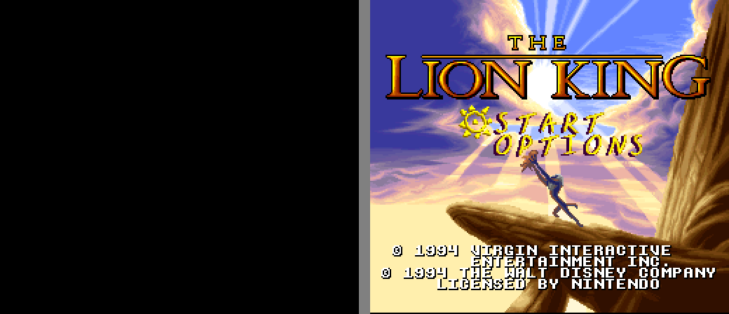 On the left a black rectangle, on the right the Lion King title screen with START and OPTIONS