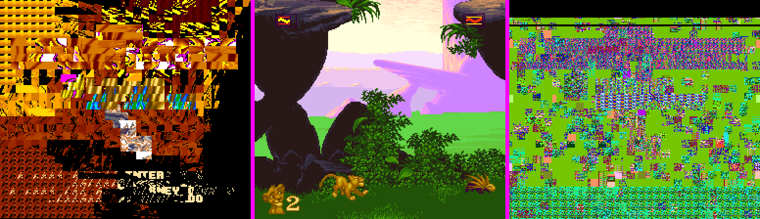 Three frames side by side: a garbled mess of orange tiles, the correct first level with young Simba, and a field of green noise
