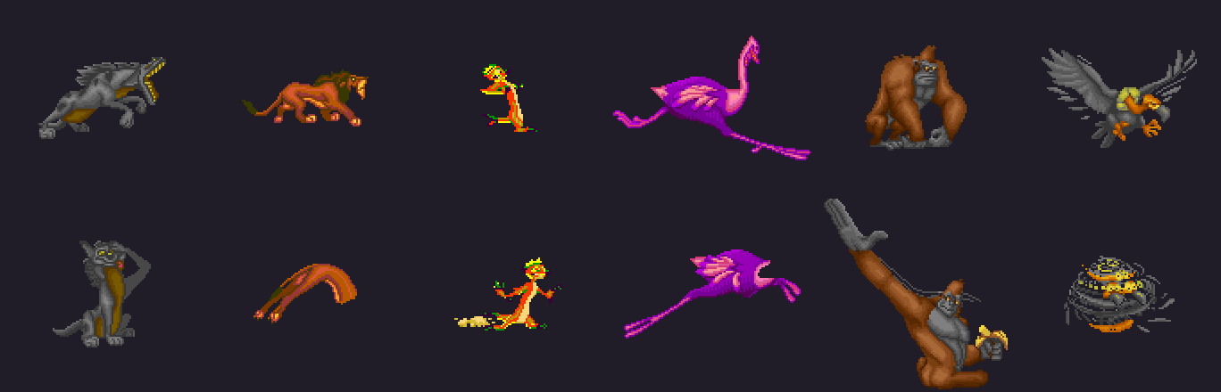 Rows of sprites from the ROM: hyena, Scar, Timon, ostrich, gorilla and vulture, each correct on top and oddly assembled below