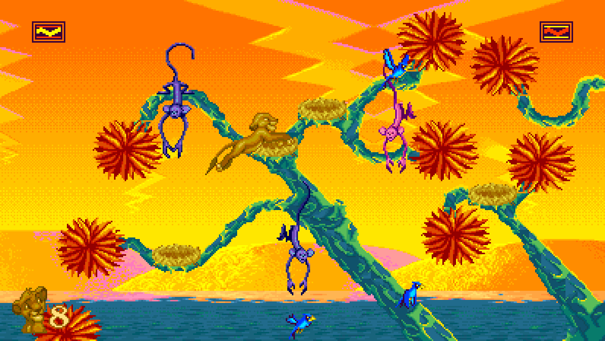 I Just Can't Wait to Be King in widescreen: young Simba leaps between twisting branches, monkeys hanging from them, red blossoms against an orange sky