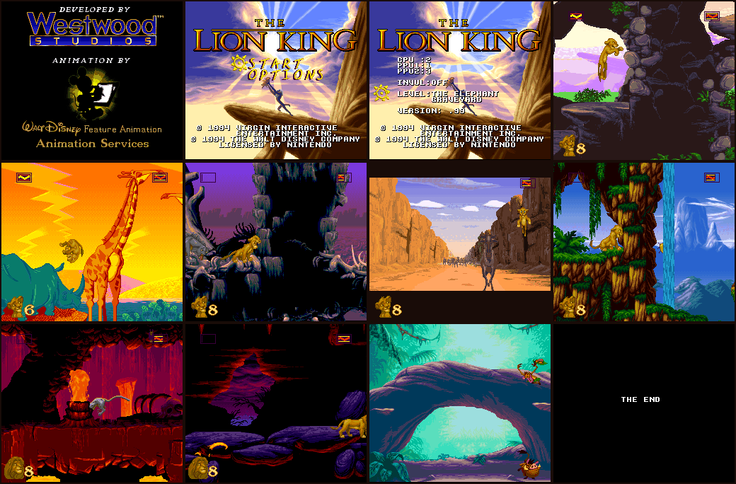 A contact sheet of the whole game: logos, title screen, every level, and THE END