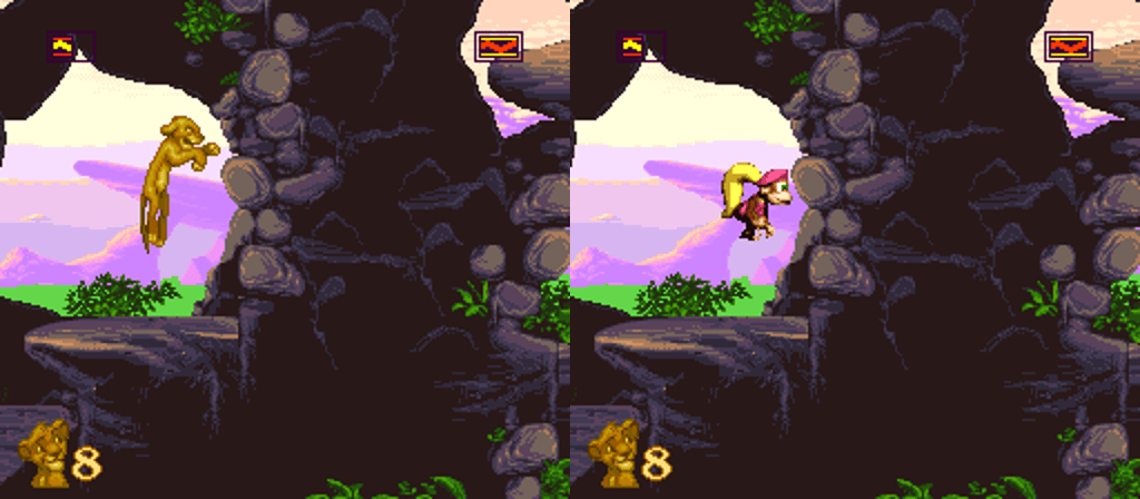 Two frames of the Pride Lands: on the left Simba leaps toward the rocks, on the right Dixie Kong in the same spot