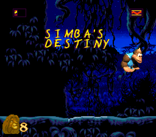 Kiddy Kong hanging from a vine under the SIMBA'S DESTINY title, in the night jungle