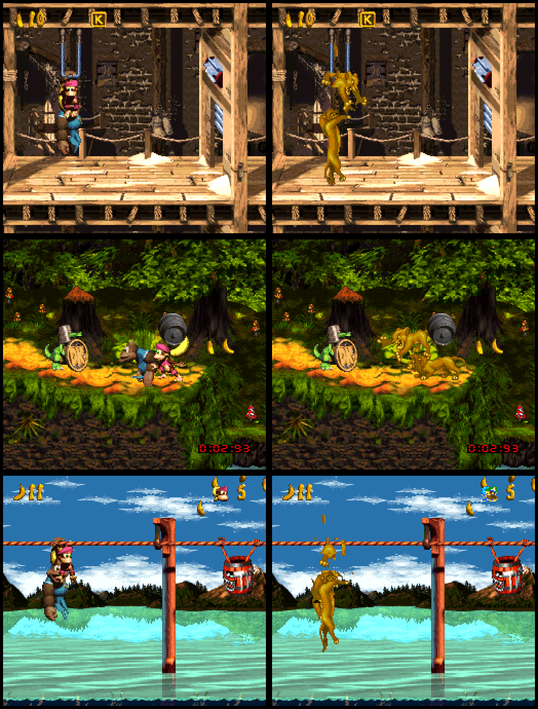 Three pairs from DKC3's demo, Kongs on the left and Simba on the right: in the mill, in the forest next to a barrel, and hanging from a rope over water