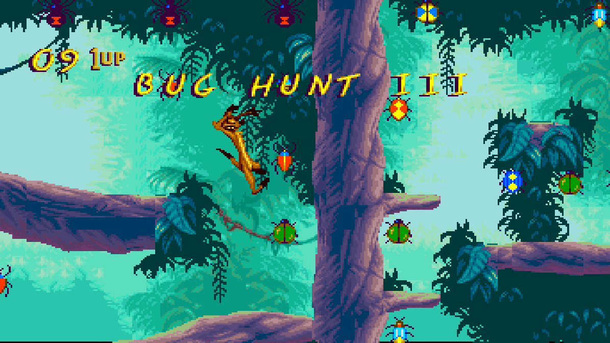 Bug Hunt bonus stage in widescreen, Timon in the trees with bugs around him
