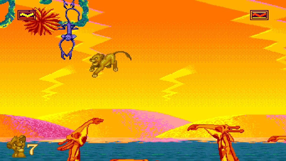 Can't Wait to Be King in widescreen: Simba leaping under a hanging monkey above the river, giraffe heads below