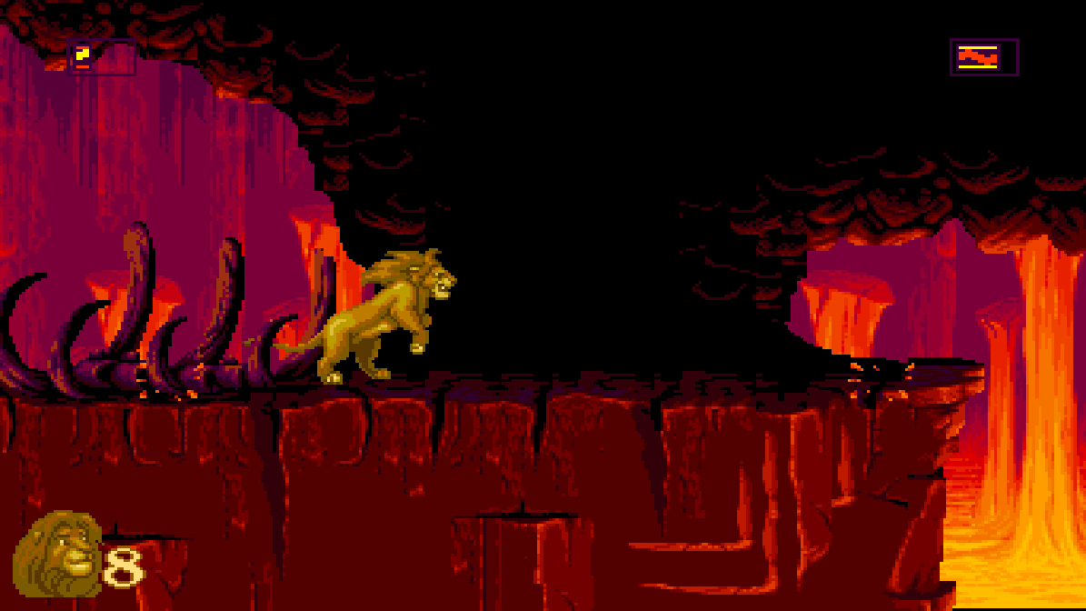 Be Prepared in widescreen: adult Simba on a ledge between lava falls