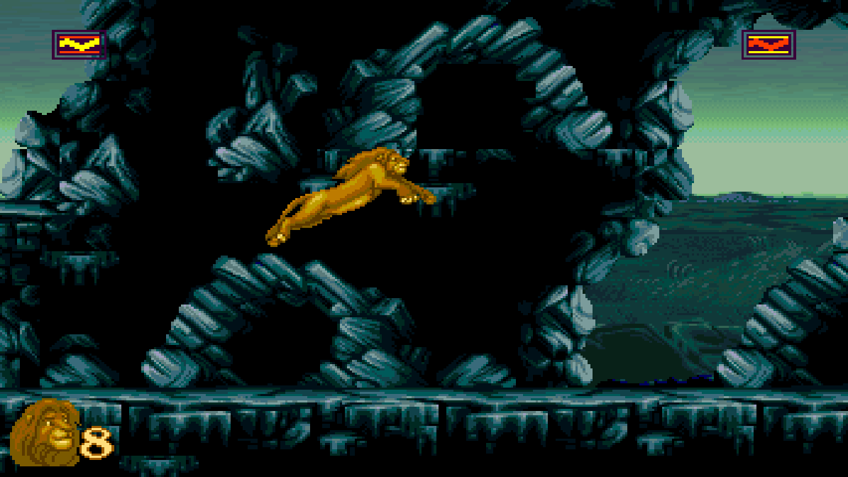 Simba's Return in widescreen: Simba leaping through a stone arch